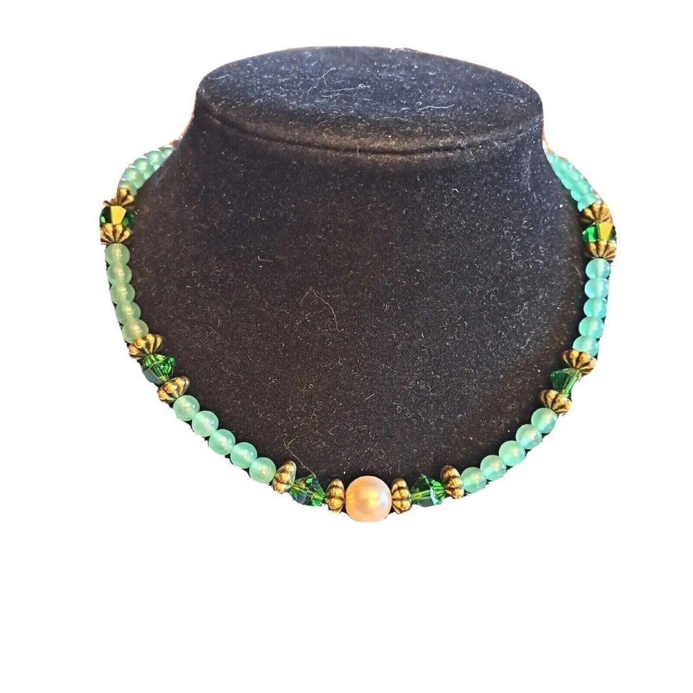 Handmade Gemstone Faux Crystal Pearl Necklace Green 15$